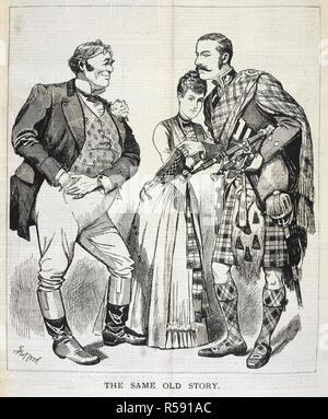 "Die gleiche alte Geschichte". Zwei Männer, eine als Schotte, und eine Frau. Lustige Leute. : Ein wöchentliches Budget von lustige Bilder, Notizen, Witze und Geschichten. London, 1889. Quelle: lustige Leute. 13 Juli 1889 Seite 217. Stockfoto