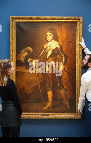 Sothebys. London, Großbritannien. 30 Nov 2018 - ein Techniker hängt' Portrait von Maria, Princess Royal und die Prinzessin von Orange (1641)' von Sir Anthony Van Dyck und Studio (Est £ 600.000 £ 800.000). Meisterwerke von über zwei Jahrtausenden aus alten Master & britischer Gemälde Vorschau bei Sothebys. Credit: Dinendra Haria/Alamy leben Nachrichten Stockfoto