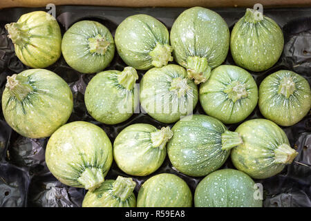 Runde Zucchini auf einem Markt in Frankreich Stockfoto