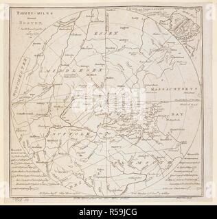 Eine Karte mit einer Fläche von 30 Meilen rund um Boston. 32 Meilen rund um Boston. [Edinburgh]: von M.Armstrong Geo., 14 Augst. 1775. Quelle: Karten K. Top. 120.30. Sprache: Englisch. Stockfoto