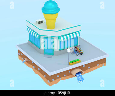3D-Render Abbildung. Isometrische Gebäude cafe Eis. Gebäude terass und einem Vordach Sommer eingefroren Delikatesse für Kinder. Stockfoto