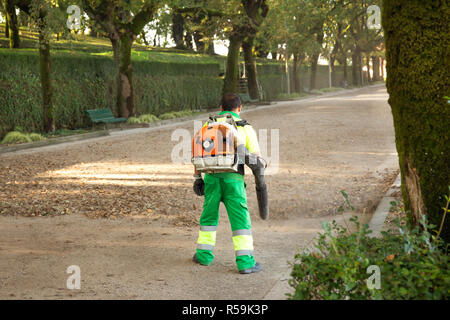 Gärtner mit Gebläse Rucksack im City Park arbeiten, Blasen treibt. Herbst Konzept Stockfoto