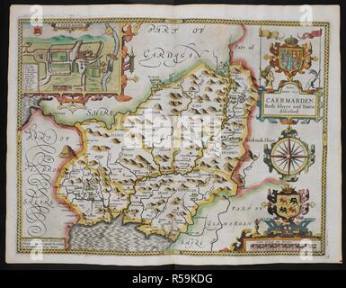 Anno Domini 1610 Caermarden sowohl Shyre und Towne beschrieben. Eine Karte von camarthenshire; Inset, Camarthen. Das Theater des Reiches von Großbritannien. London: John Sudbury & George demütig, 1611. Quelle: Karten C.7. C.20. (2.), w.103. Thema: Geschwindigkeit, John. Stockfoto