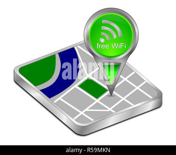 Kartenzeiger mit grünen kostenloses WLAN Symbol - 3D-Darstellung Stockfoto