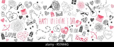 Valentines Day doodles Illustrationen voller Vektor banner Stock Vektor