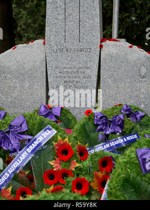 Mit rotem Mohn und Kränze für Erinnerung Tag der Kenotaph. Metro Vancouver, BC, Kanada, 2018. Stockfoto