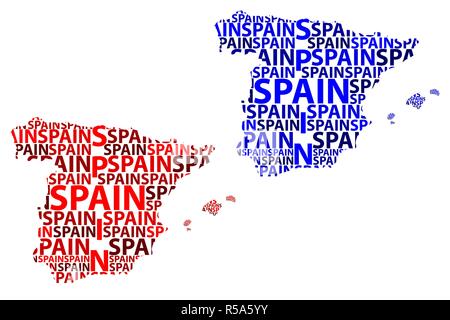 Skizze Spanien schreiben Text Karte, Königreich Spanien - in der Form des Kontinents, Karte Spanien - Rot und Blau Vector Illustration Stock Vektor