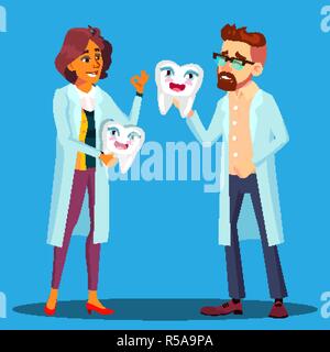 Arzt Zahnarzt mit einem Lächeln auf den Zahn, Mann und Frau im weißen Kittel Vektor. Isolierte Cartoon Illustration Stock Vektor