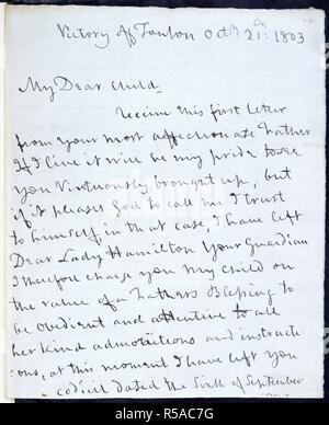 Brief von Lord Nelson. Gladstone Papers, Vol. CCCCXCIX. 1803. [Ganze folio] Faksimile der ein Autogramm Schreiben von Lord Nelson, seiner Tochter, Horatia, informieren Sie, im Falle seines Todes, seiner Absicht Lady Hamilton ihrem Vormund zu ernennen, und die Angabe von Einzelheiten über horatia's Erbe. H.M.S. Sieg, Toulon, 21. Oktober 1803 Bild von Gladstone Papers, Vol. CCCCXCIX genommen. Ursprünglich veröffentlichte/1803 produziert. . Quelle: Hinzufügen. 44584, f 31. Sprache: Englisch. Stockfoto