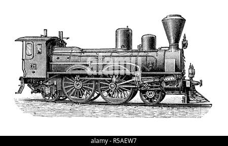 Lokomotiven aus dem 19. Jahrhundert, ein Motor der österreichischen Bahn, Holzschnitt, Österreich Stockfoto