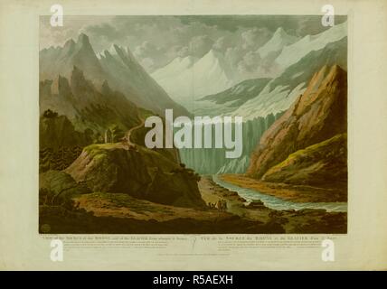 Eine Gruppe von fünf Männern von der Rhône im Vordergrund, mit Mountain Road und Wälder links und Gletscher und Schweizer Alpen im Hintergrund; erläuternden Text in zwei Spalten unten. . Blick auf die Quelle der Rhone und der Gletscher, von wo es Probleme = Vue de la Source du Rhone et du Glacier d'ou il Sortieren. /Gezeichnet auf der Stelle von Chatelet. ; Gemalt von S. rghe VanlerbÃ". ; Gestochen von J. Merigot. [London]: veröffentlicht am 16. Mai 1801. Durch die Herren G. und W. Nicol Pall Mall, J. Weiß, Fleet Street und Colnaghi & Co. Cockspur Street, [16 Mai 1801]. 1 Drucken: Hand-farbigen Aquatinta und Ätzen. Stockfoto