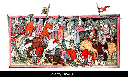 Kampf Szene aus der Zeit der Schlacht von Mühldorf, mittelalterliche Miniaturmalerei von 1334, Deutschland Stockfoto