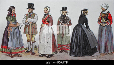 Menschen in traditionellen Kostümen, Mode, Kleidung in Dänemark, Trachten in der modernen Geschichte, Illustration, Dänemark Stockfoto