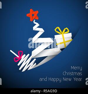 Einfachen Vektor blau Weihnachtskarte mit Geschenk, Baum und christbaumkugel aus Papier Streifen gemacht Stock Vektor