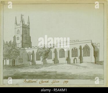 Saint Mary's Parish Church in Prittlewell, Essex; Bäume auf der linken Seite. Prittlewel Kirche Essex 1787. 1787. Quelle: Karten K. Top. 13.47. Sprache: Englisch. Autor: SMITH, JOHN THOMAS. Stockfoto