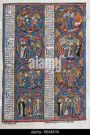 Biblische Szenen und moralizations in einer Serie von acht roundels. Bibel moralisÃ©e (Abschnitt des Oxford-Paris - London Bibel moralisÃ © e), enthält 1 Makkabäer 1 Makkabäer 14:57-2:46. Frankreich, Zentrale (Paris); 2. Quartal des 13. Jahrhunderts. Quelle: Harley 1526, f, 25. Sprache: Latein. Stockfoto