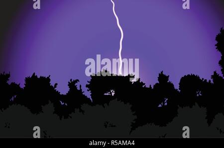 Vector Illustration eines Blitze schlagen ein Wald in der Nacht Purple Sky Stock Vektor