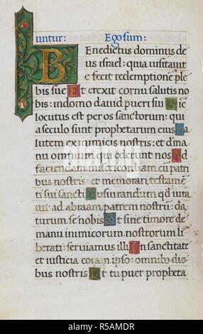 Text Seite mit ersten 'B'. Mirandola Stunden. Italien, ca. 1490-1499. [Ganze folio] Text Seite vom Büro des Toten. Das Benedictus [Lukas 1, 68-79], dekoriert mit ersten 'B' Bild von Mirandola Stunden genommen. Ursprünglich veröffentlicht in Italien produziert, ca. 1490-1499. Quelle: Hinzufügen. 50002, f.112 v. Sprache: Latein. Stockfoto