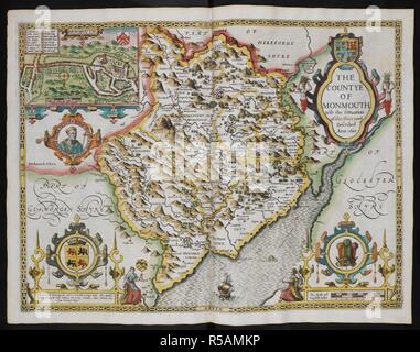 Die Countye von Monmouth wih der sittuatione des Auenlandes - towe beschrieben Ann 1610. Eine Karte von Monmouthshire; Einfügung, die Stadt von Monmouth. Das Theater des Reiches von Großbritannien. London: John Sudbury & George demütig, 1611. Quelle: Karten C.7. C.20. (2.), w.107. Thema: Geschwindigkeit, John. Stockfoto