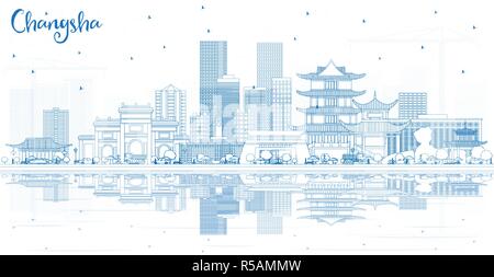 Umrisse Changsha China City Skyline mit blauen Gebäude und Reflexionen. Vector Illustration. Stock Vektor