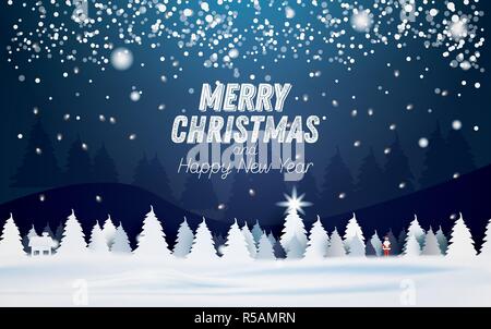 Winter verschneite Nacht Waldlandschaft mit Fichten oder Tannen. Fallende Schneeflocken. Vector Illustration. Frohe Weihnachten und guten Rutsch ins neue Jahr. Santa Claus Stock Vektor