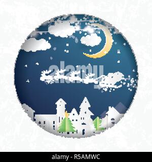 Christmas Village und Weihnachtsmann im Schlitten in Papier schneiden Stil. Winterlandschaft mit Mond und Wolken. Vector Illustration. Frohe Weihnachten Stock Vektor