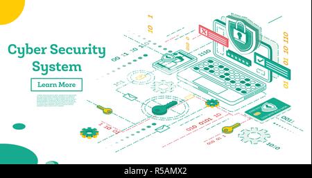 Übersicht Cyber Security Konzept. Isometrische Darstellung isoliert auf Weiss. Datenschutz Konzept. Kreditkarte prüfen und Software Zugriff auf Daten Stock Vektor
