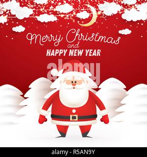 Santa Claus im Winter schneebedeckten Wald. Mond und Schneeflocken in bewölkten Himmel. Vector Illustration. Frohe Weihnachten und guten Rutsch ins neue Jahr. Grußkarte. Stock Vektor