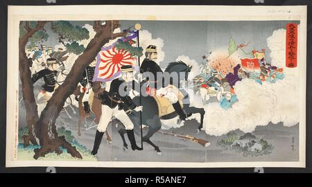 Die japanische Armee startet einen Angriff auf chinesische Truppen in Pjöngjang. Waga gun HeijÅ no Shinpei o suru geki shÅ" zu. September 1894. Quelle: 16126. d. 3. (24). Sprache: Japanisch. Autor: Adachi GinkÅ. Stockfoto