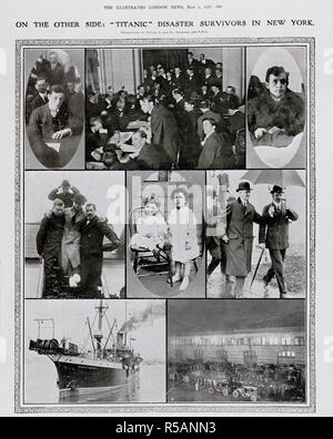 Titanic Überlebenden. Illustrated London News. London, 12. Mai 1912. Auf der anderen Seite: Titanic Katastrophe Überlebenden in New York". Fotografien von Levick, S&G; Thompson, und L.N.A. Bilder wie folgt: 1. Herr Cottam, der Netzbetreiber. 2. Vor Senator Smith, die Kommission hören zu zeugen. 3. Harold Bride, zweite Netzbetreiber. 4. An Land durchgeführt, Harold Braut. Geheimnis Kinder für eine Weile: Lolo und Momon Navratil. 6. Auf ihren Weg zu einer Sitzung des Senats Kommission: Herr P.A.S. Franklin und Herr J. Bruce Ismay. 7. Die Beerdigung Schiff, ging Körper aus dem Wasser zu erholen. 8. Warten Stockfoto