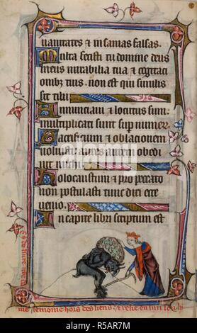 Bas-de-Seite Szene der Jungfrau Maria Ziehen einer Schnur, die Hände und Füße bindet der Teufel sitzt auf einem kleinen Hügel, mit Bildunterschrift lesen, â € "Cy deliure n [Ost] Re Dame Le Moine hors des liens et relie en Sonne Leu lyâ € â €™. Buch der Stunden, Verwendung von Sarum (die "taymouth Stunden"). England, S.E.? (London?); 2. Quartal des 14. Jahrhunderts. Quelle: Yates Thompson13, f 173 v. Sprache: Latein und Französisch. Stockfoto