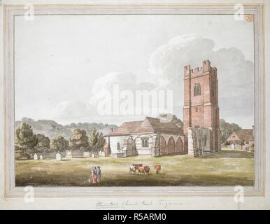 Zahlen und Vieh im Vordergrund; der Friedhof und Kirche St. Nikolaus, Plumstead hinter; Bäume in der gesamten Szene. Plumstead Kirche Kent. c. 1760-1790. Feder und schwarzer Tusche mit Aquarell. Quelle: Karten K. Top. 18.44.2. Sprache: Englisch. Autor: Francis Grose. Stockfoto