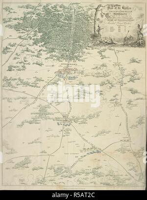 Plan der Schlachten von Ligny, Quatre Bras und Waterloo, kämpfte auf der 16. und 18. Juni 1815 durch die alliierten Armeen geboten durch den Herzog von Wellington & Marschall Blücher. Ein Rückblick auf die Kampagne in den Niederlanden, im Jahre 1815, unter Seiner Gnade des Herzogs von Wellington und Marschall Prince Blücher, bestehend aus den Schlachten von Ligny, Quatrebras und Waterloo; mit einer ausführlichen Darstellung der politischen Ereignisse mit jenen denkwürdigen Konflikte, um die Kapitulation von Paris verbunden, und die Abreise der Bonaparte für St. Helena... Verziert mit... Platten... von Zeichnungen ... von James Rouse. Lo Stockfoto