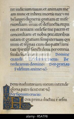 Text Seite mit ersten 'H'. Mirandola Stunden. Italien, ca. 1490-1499. [Ganze folio] Text von der Seite wenig Stunden des Kreuzes. Gebete, dekoriert mit ersten 'H' Bild von Mirandola Stunden genommen. Ursprünglich veröffentlicht in Italien produziert, ca. 1490-1499. Quelle: Hinzufügen. 50002, f80. Sprache: Latein. Stockfoto