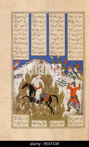 Das Feuer - Zerreißprobe des Siyawush. Shahnama des Firdawsi, mit 63 Miniaturen. 1604. Das Feuer - Zerreißprobe des Siyawush. Der Palast mit Sudaba und Kay Ka'uns an den Fenstern wird nicht angezeigt. 15,5 bis 15,5 cm. Opak Aquarell. Safawidischen/Isfahan Stil. Bild von Shahnama des Firdawsi genommen, mit 63 Miniaturen. Ursprünglich veröffentlichte/1604 produziert. . Quelle: I.O. Islamische 966, f. 97. Sprache: Persisch. Stockfoto