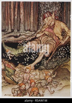 Abbildung einer Ogre schlafen im Wald, während kleine Kinder sich seine Schuhe an, und ziehen Sie ihn aus dem Hop-O'-My-Thumb. Die Arthur Rackham Märchen Buch usw. London: G.G.Harrap & Co., 1933. 'Hop-o'-mein-Daumen ging bis zu der Oger leise und seine sieben - Liga Stiefel." gezogen. Quelle: 12403. bb., 17., S. 28. Stockfoto