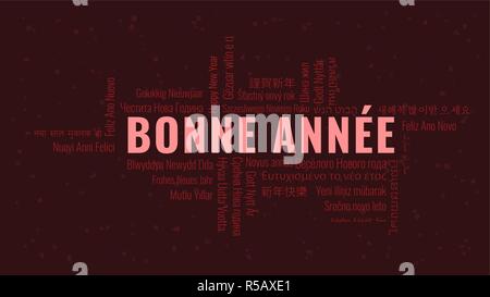 Frohes Neues Jahr Text in Französisch "Bonne Annee" mit Word Cloud in vielen Sprachen auf einem dunklen snowy Hintergrund Stock Vektor