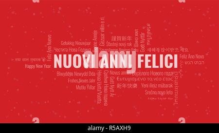 Frohes Neues Jahr Text auf Italienisch' Nuovi Anni Felici" mit Word Cloud in vielen Sprachen auf einem roten snowy Hintergrund Stock Vektor