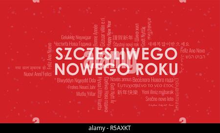 Frohes Neues Jahr Text in der Polnischen zczesliwego Nowego Roku" mit Word Cloud in vielen Sprachen auf einem roten snowy Hintergrund Stock Vektor