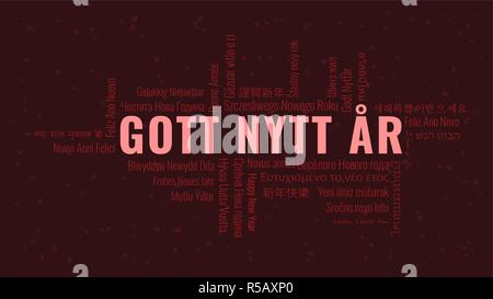 Frohes Neues Jahr Text auf Schwedisch 'Gott Nytt Ar' mit Word Cloud in vielen Sprachen auf einem dunklen snowy Hintergrund Stock Vektor