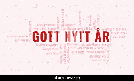 Frohes Neues Jahr Text auf Schwedisch 'Gott Nytt Ar' mit Word Cloud in vielen Sprachen auf einem weißen verschneiten Hintergrund Stock Vektor