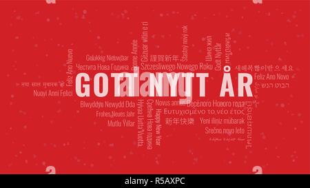 Frohes Neues Jahr Text auf Schwedisch 'Gott Nytt Ar' mit Word Cloud in vielen Sprachen auf einem roten snowy Hintergrund Stock Vektor