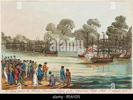 Die Zahlen stehen auf der Bank der Serpentine River beobachten zwei Flotten von Schiffen in Mock bekämpfen; Bäume in der Ferne. Die Aktion zwischen den Britischen und Amerikanischen Fregatten auf dem Serpentine, Hyde Park, 1. August 1814. [London]: Veröffentlichte Augt 24, 1814, von Thos Palser, Surry Seite West Bridge, [24 August 1814]. Radierung und Aquatinta mit hand-Färbung. Quelle: Karten K. Top. 26.6. n. Sprache: Englisch. Stockfoto