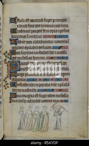 Bas-de-Seite Szene von einem Chor der Jungfrauen singen vor St. Dunstan von Canterbury; eine eingerichtete erste 'P' (arutam). Psalter (die "Queen Mary Psalter"). England (London/Westminster oder East Anglia?); zwischen 1310 und 1320. Quelle: Royal 2 B VII, w.229. Sprache: Latein, mit französischen Bildunterschriften. Stockfoto