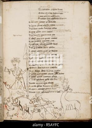 Tinte Zeichnung einer Jagdszene mit einem Wildschwein, Hirsch, Jäger, Hunde und einen Hasen. Tragoediae. Italien, 1435. Quelle: Harley 2453, f, 55. Sprache: Latein. Thema: Seneca, Lucius Annaeus. Stockfoto