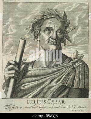 Julius Caesar. Britannia Antiqua Illustrata: oder, die Antiquitäten. Für den Autor: London, 1676. (Gaius Julius Caesar (100) oder 102-44 v. Chr.) römischer General, Staatsmann und Diktator. Die erste Römische, entdeckt und in Britannien. Porträt. Bild entnommen aus Britannia Antiqua Illustrata: oder, die Antiquitäten der Alten Großbritannien, mit eine chronologische Geschichte dieses Königreich, etc. Ursprünglich veröffentlichte/in für den Autor: London, 1676 produziert. . Quelle: C83 k. 2, gegenüber 185. Sprache: Englisch. Stockfoto