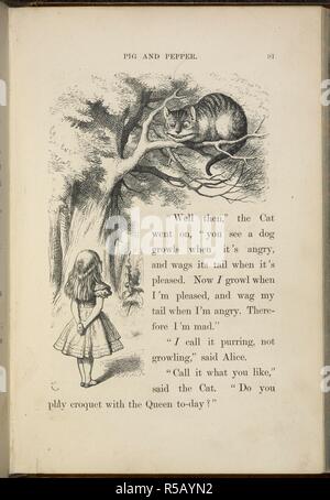 Alice und die Cheshire Cat. Alice's Adventures in Wonderland. Mit 42 Illustrationen von John Tenniel. London: Macmillan & Co., 1866 [1865]. Quelle: C.59.B.11, Seite 91. Stockfoto