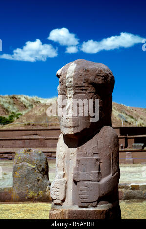 Bolivien, Tiahuanaco, Ruinen, der Mönch Monolith, El Fraile, Kalasasaya Innenhof Stockfoto