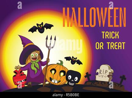 Halloween Trick oder Konzept Hintergrund behandeln. Cartoon Illustration von Halloween Trick oder Vektor Konzept behandeln Hintergrund für Web Design Stock Vektor