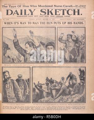 "Wenn es von Mensch zu Mensch, die Hun setzt seine Hände". Deutsche Kriegsgefangene, die von der Französischen gefangen, während des Ersten Weltkriegs. London, 1915. Quelle: Skizze, 25. Oktober 1915, Vorderseite. Stockfoto